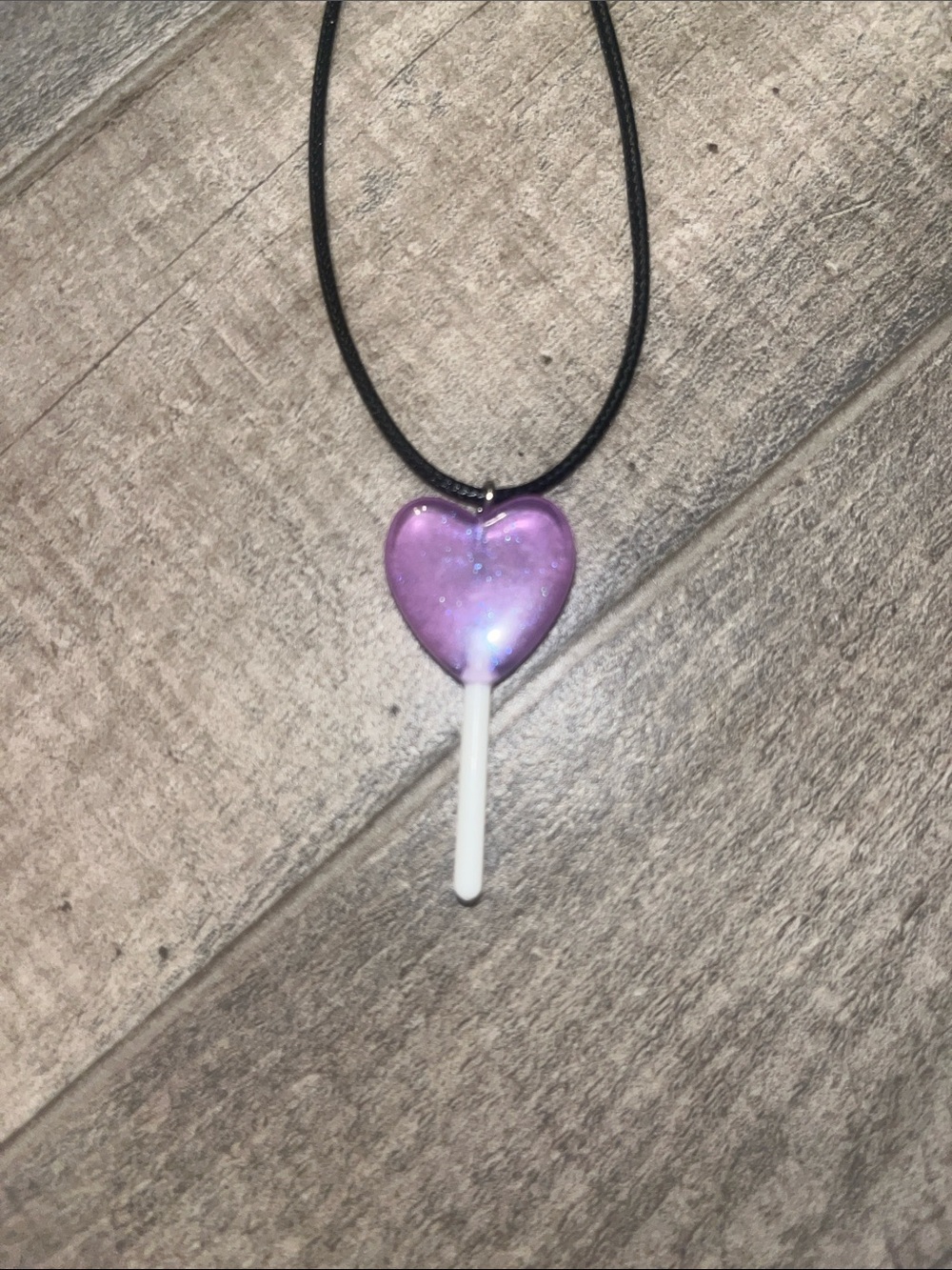 Purple Heart Lollipop Pendant Necklace on Black Cord